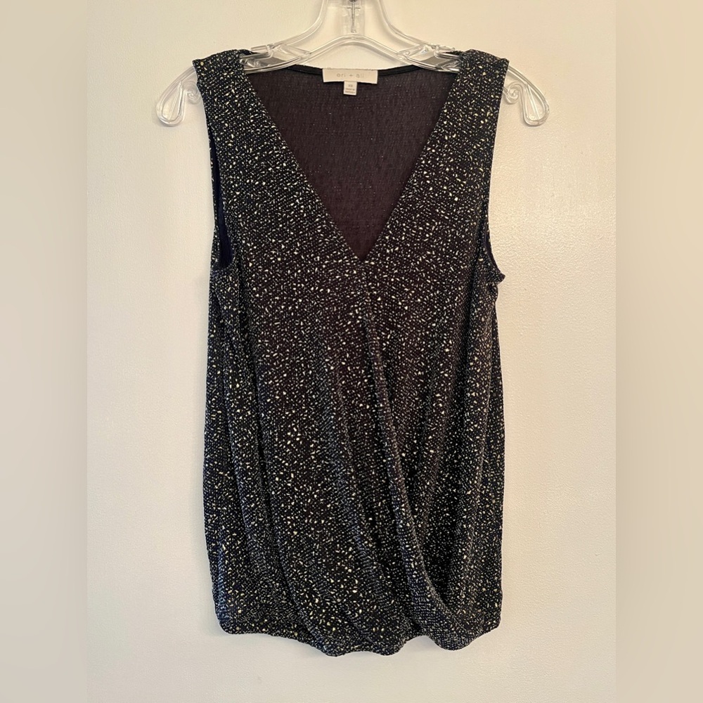 Anthropologie Eri + Ali Black Gold Metallic Evita Surplice Shimmer Top size XS
